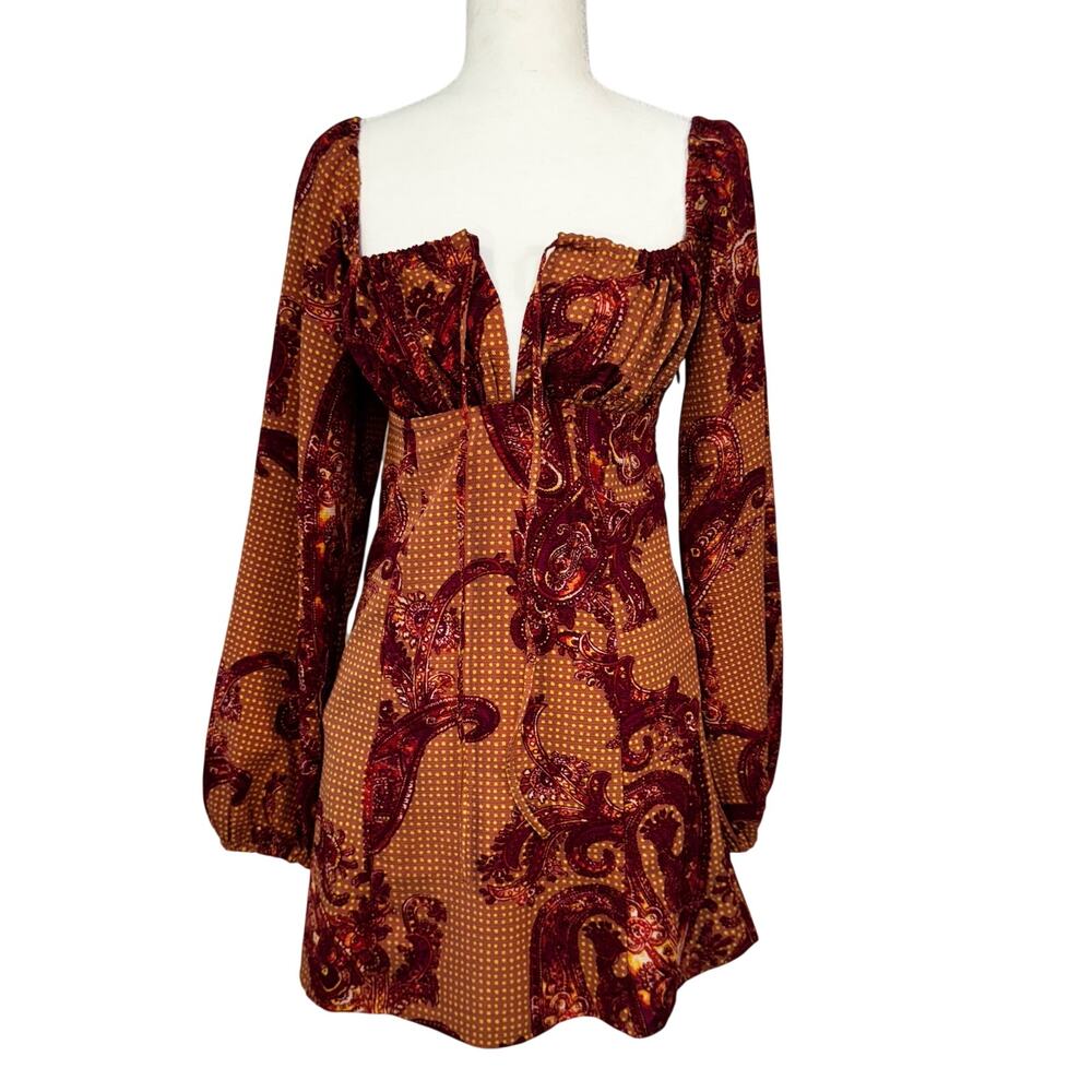 Urban Outfitters Paisley Mini Dress Smocked Balloon Sleeve Boho Small Peasant - Picture 5 of 16